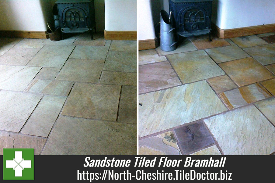 Heavily Soiled Sandstone Tiled Floor in Bramhall