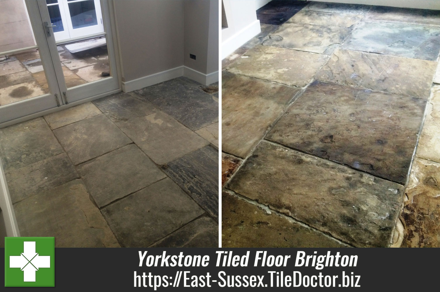 Restoration of an Extremely Dirty Yorkstone Tiled Floor in Brighton