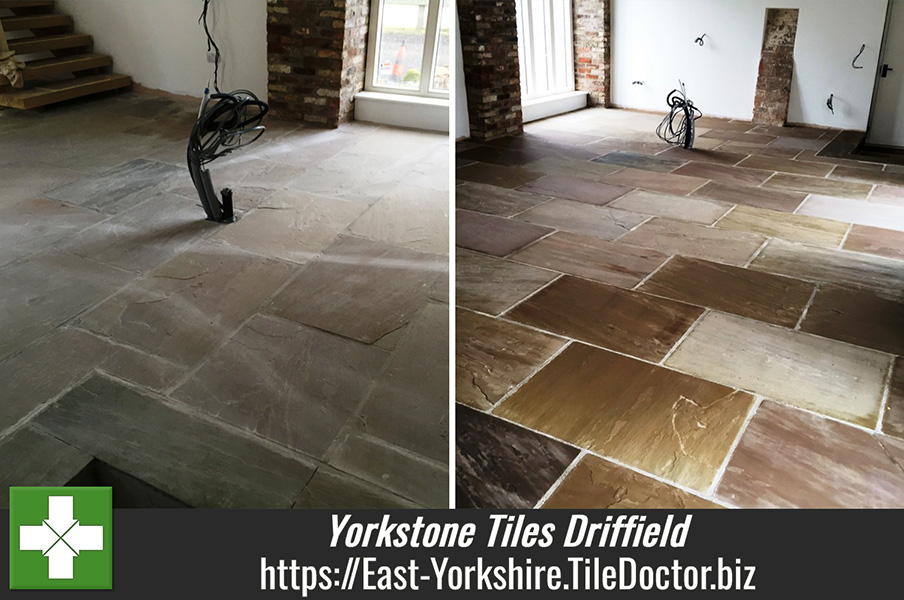 Recently Installed Yorkstone Tiles Cleaned and Sealed in Driffield