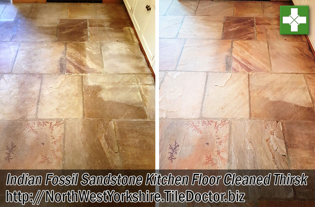 Indian Fossil Sandstone Tiled Kitchen Floor Before After Cleaning Thirsk