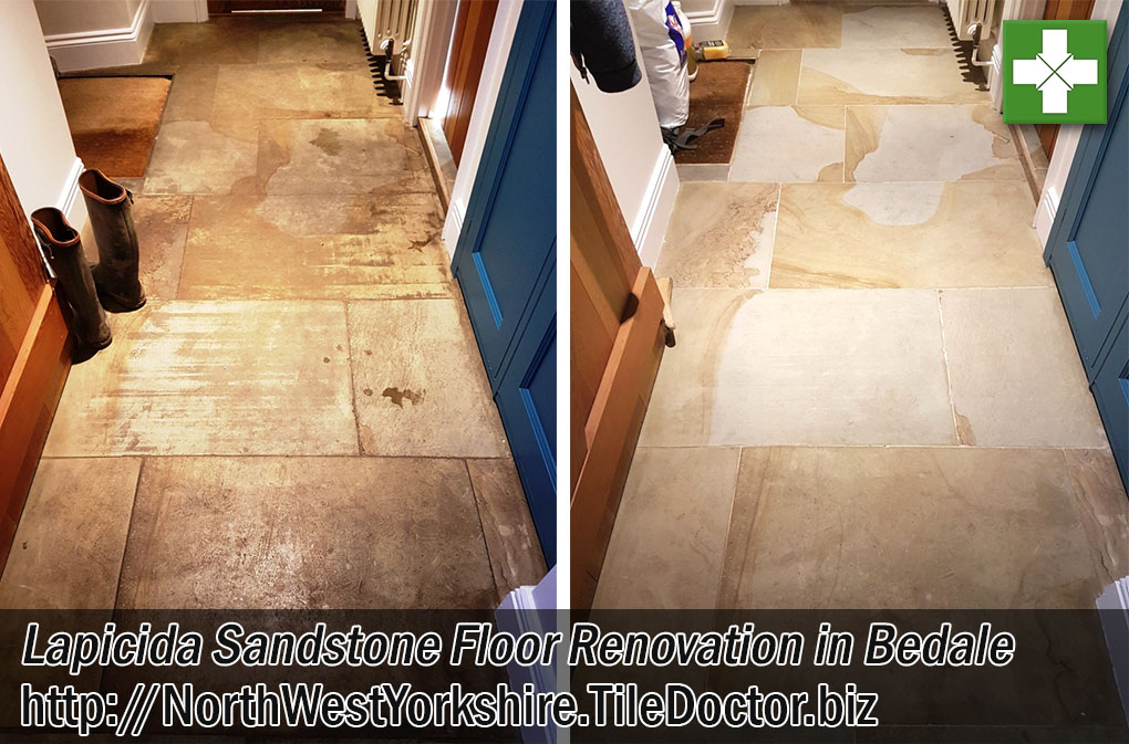 Lapicida Sandstone Tiled Floor Before and After Deep Cleaning Bedale Yorkshire