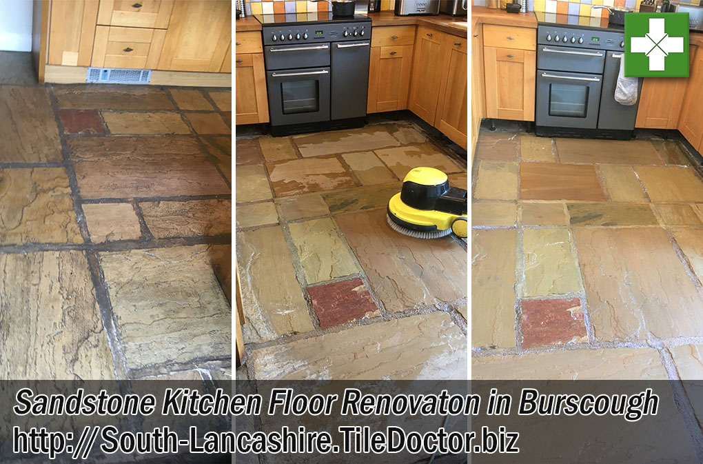 Sandstone Tiled Kitchen Floor Before and After Cleaning Burscough