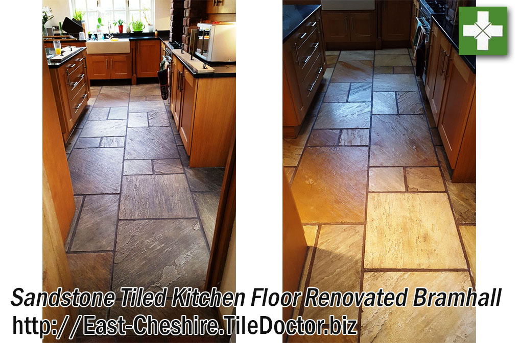Sandstone Tiled Kitchen Floor before and after Renovation in Bramhall