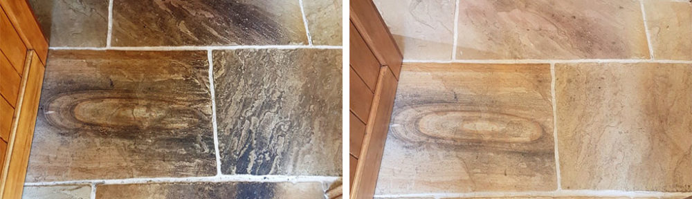 Multi coloured Sandstone Floor Tiles Before After Cleaning East Keswick