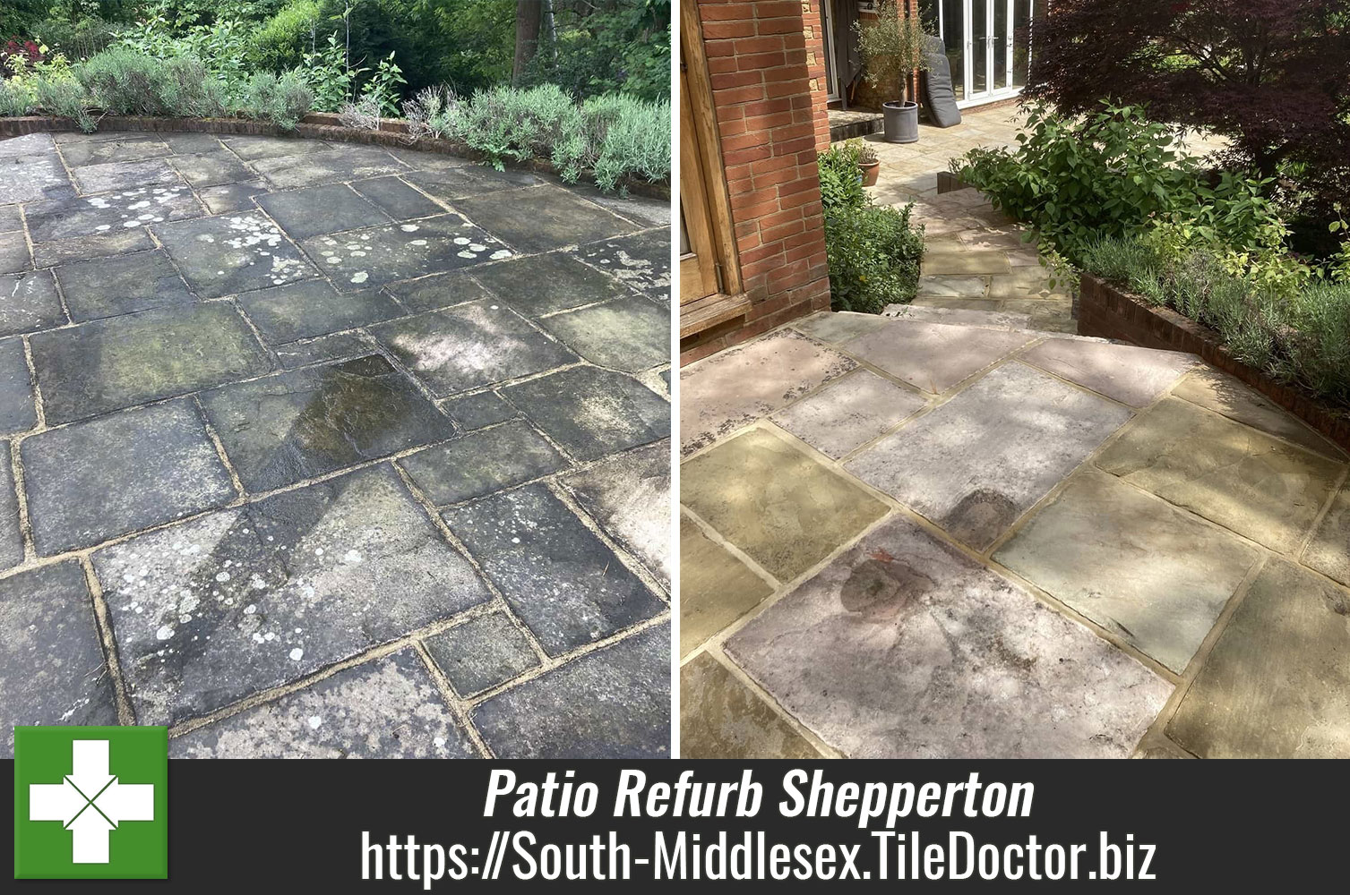 Yorkstone Paved Patio Before After Cleaning Shepperton